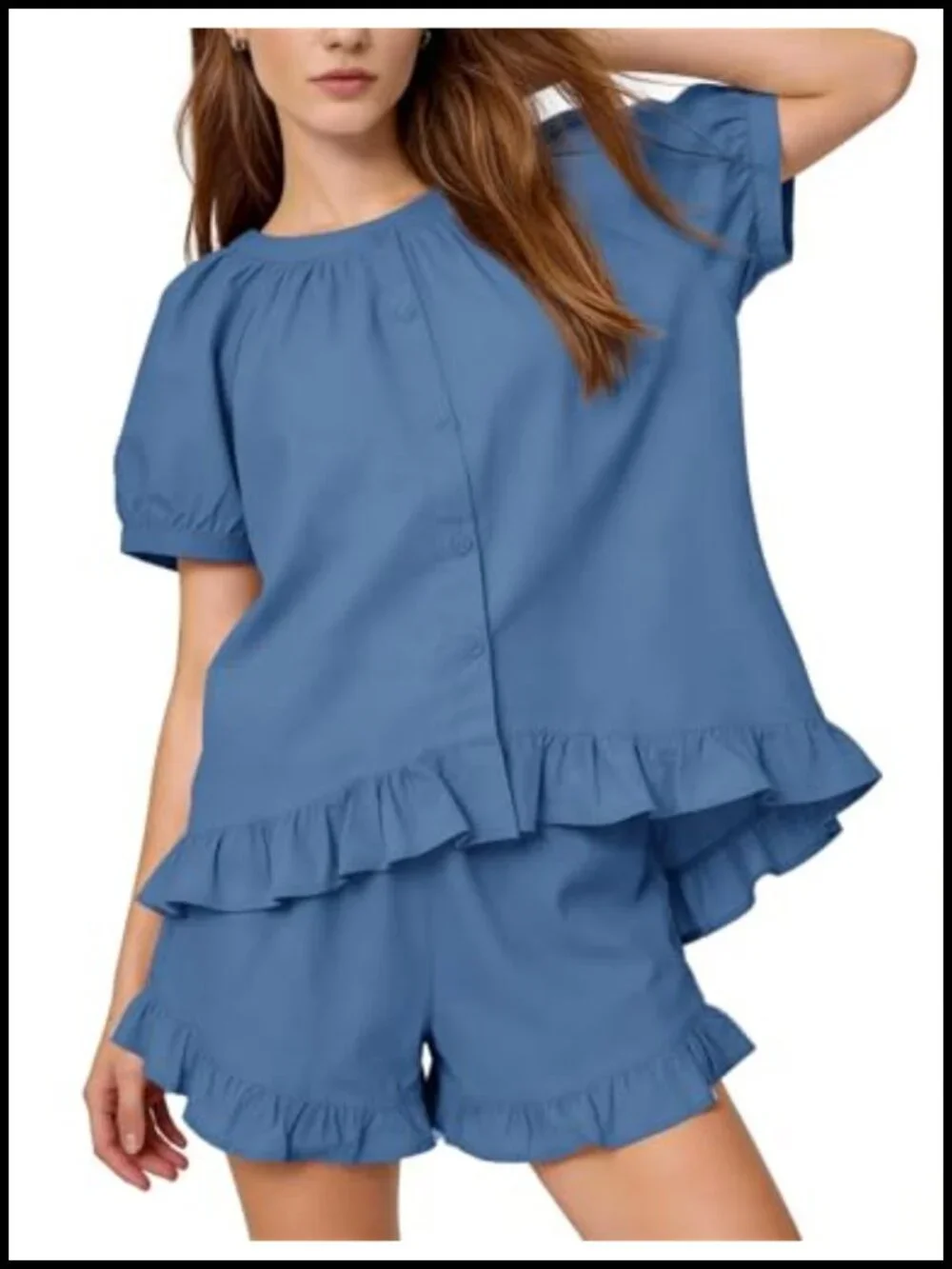 Cotton Ruffle Pajama Set for Women Button Up Short Sleeve Sleepwear